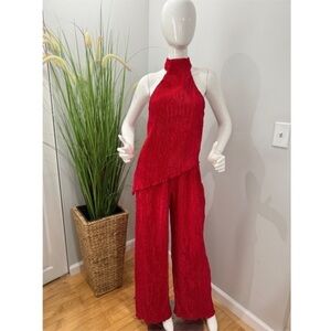 Commense Asymmetric Halter Crop Top With Wide Leg Pants Set Red XS
